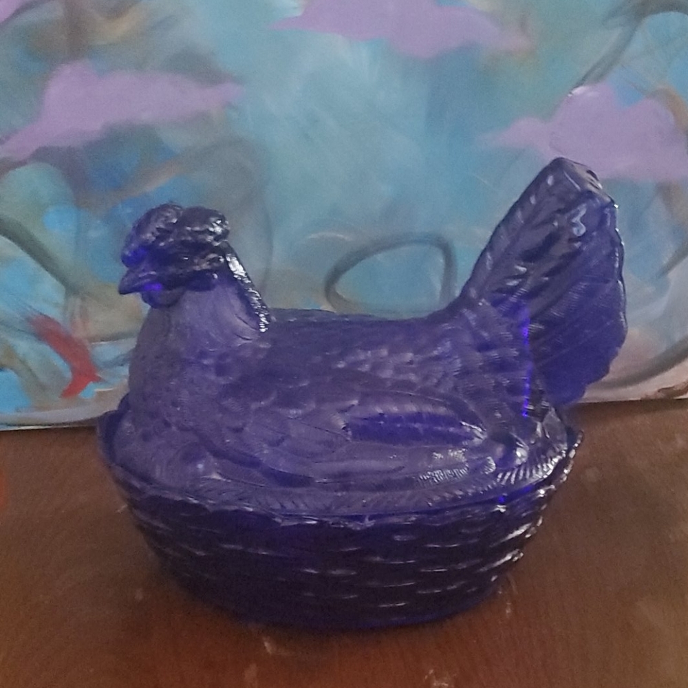 Blue glass chicken egg holder